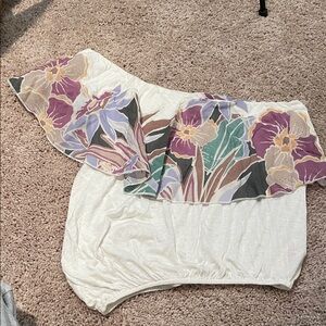 Free People Floral One-Shoulder Blouse - Cream, Purple, Green